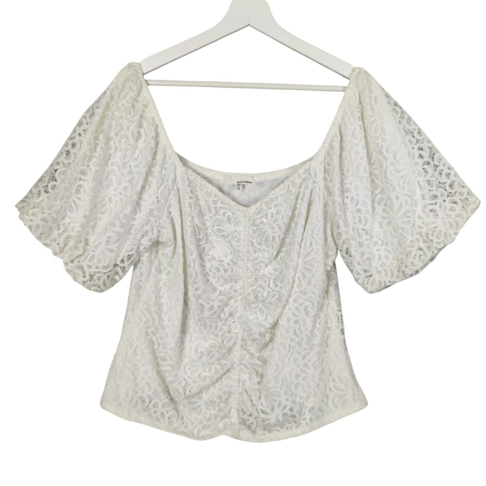 June & Hudson Women Coquette Cottagecore Lace Top 1X White Puff Sleeve Ruched